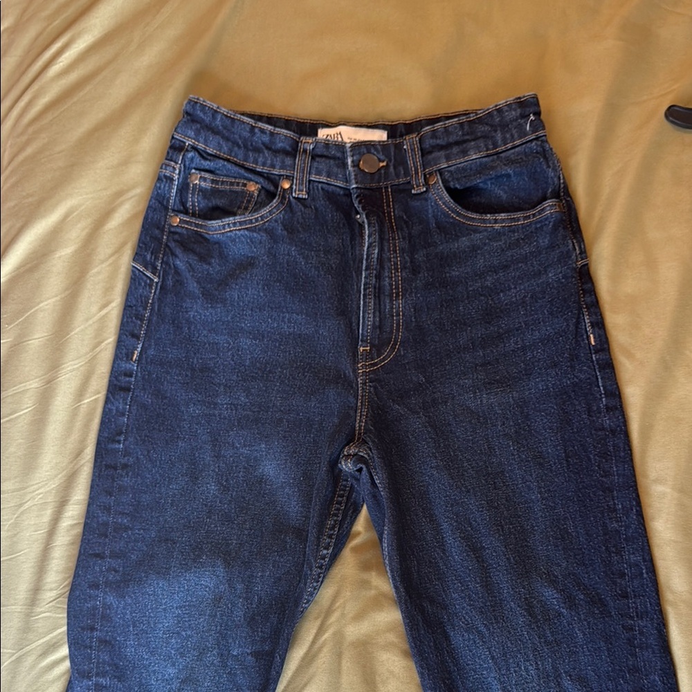 Zara High Rise Straight Leg Dark Blue Jeans